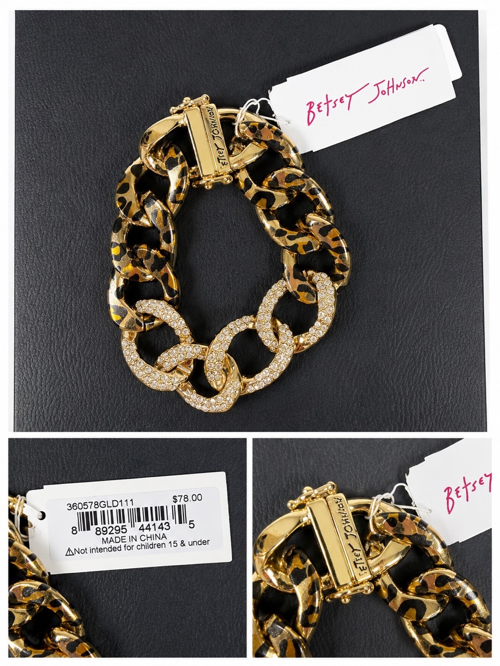 Betsey Johnson Leopard Rhinestone Chain Bracelet Gold Women Jewelry NWT